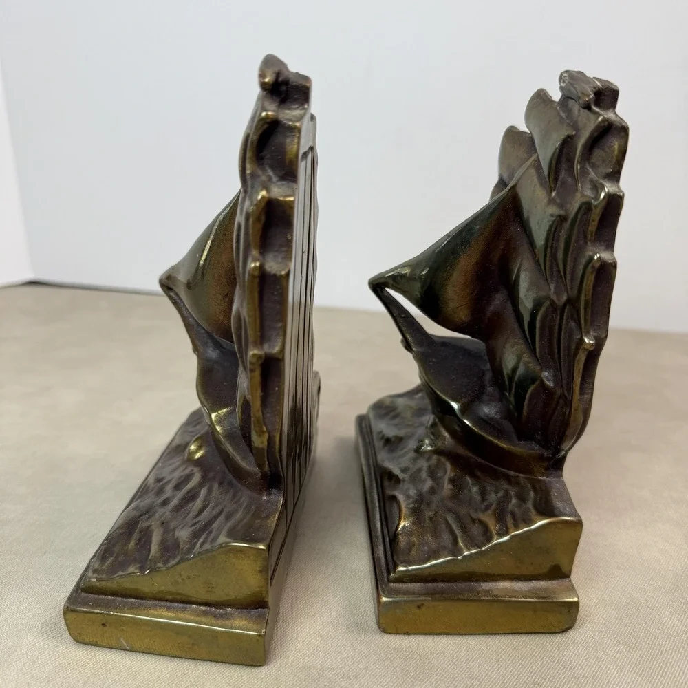 Vintage Bronze Clad Sailboat Bookends Ship Traditional Nautical Decor Gold Tone